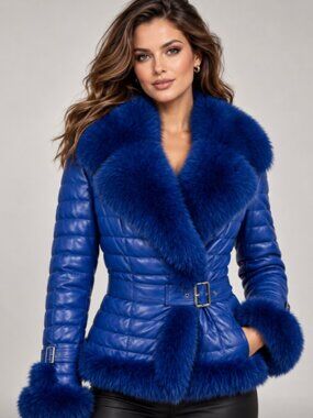 NEW Leather Jacket with Fox Fur trim in Royal Blue